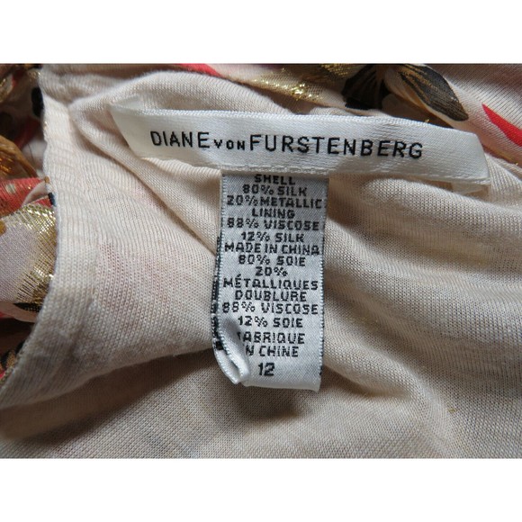 Diane Von Furstenberg Silk Blouse Cream Gold Pink Floral Drawstring, Size 12 - Picture 3 of 13